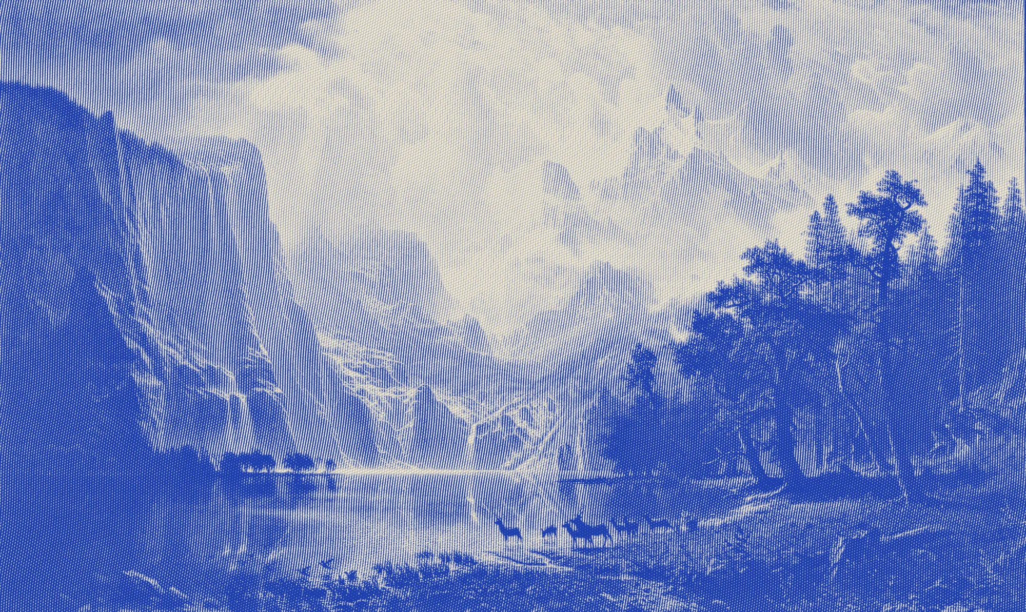 Duotone engraving of a vast Sierra valley, with a lake and distant ridges.